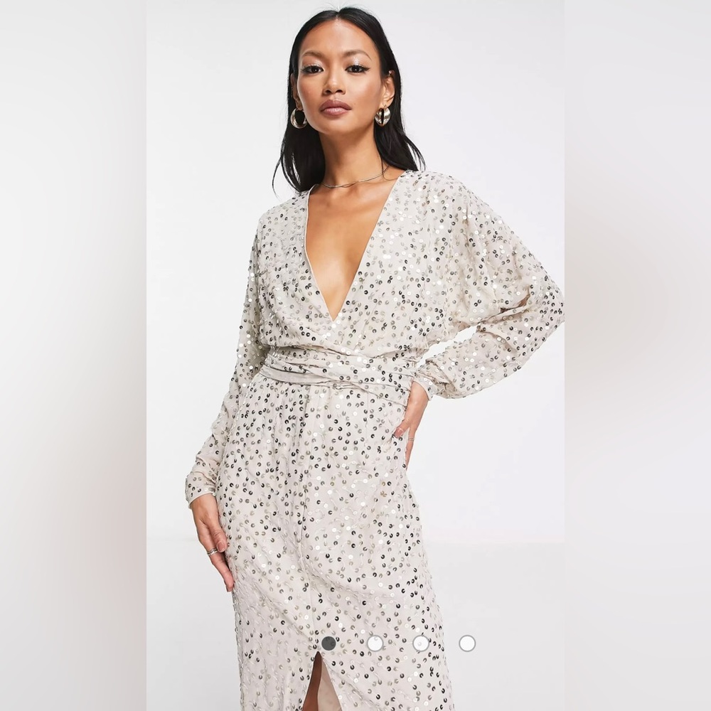 ASOS DESIGN midi dress with batwing sleeve and wrap waist in scatter sequin